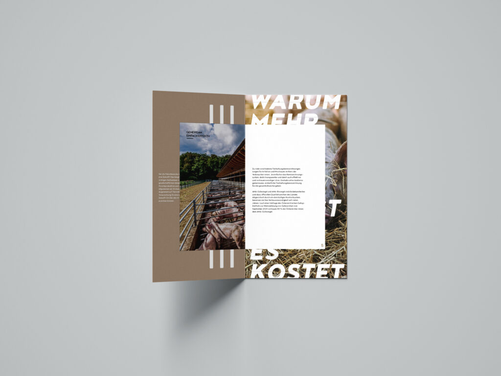 AMA Tierwohl Folder Seite 5 aufgeschlagener AMA Tierwohl Folder auf grauem Hintergrund